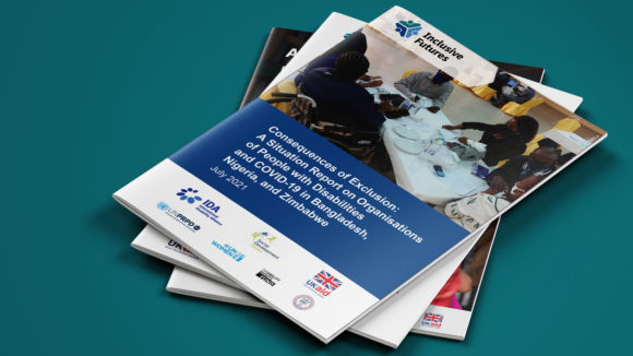 A pile of three reports. The top one is entitled: Consequences of Exclusion - a situation report on organisations of people with disabilities and COVID-19 in Bangladesh, Nigeria and Zimbabwe. A photo shows six people sat around a table having a discussion. Eight logos feature: Inclusive Futures, the International Disability Alliance, Social Development Direct, UK aid, UNPRPD, UN Women, Disability Rights Fund, and the National Disabled Women's Association of Nepal