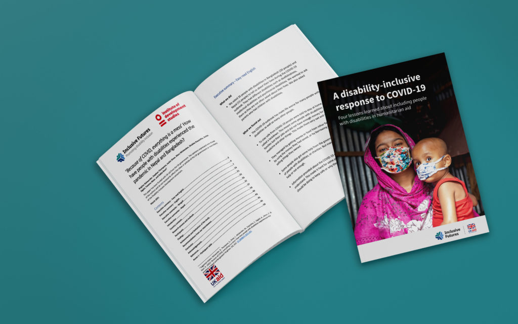 Two reports - one called A disability inclusive approach to COVID-19. The other is called How have people with disabilities experienced the pandemic in Bangladesh? And sits open to the first page.