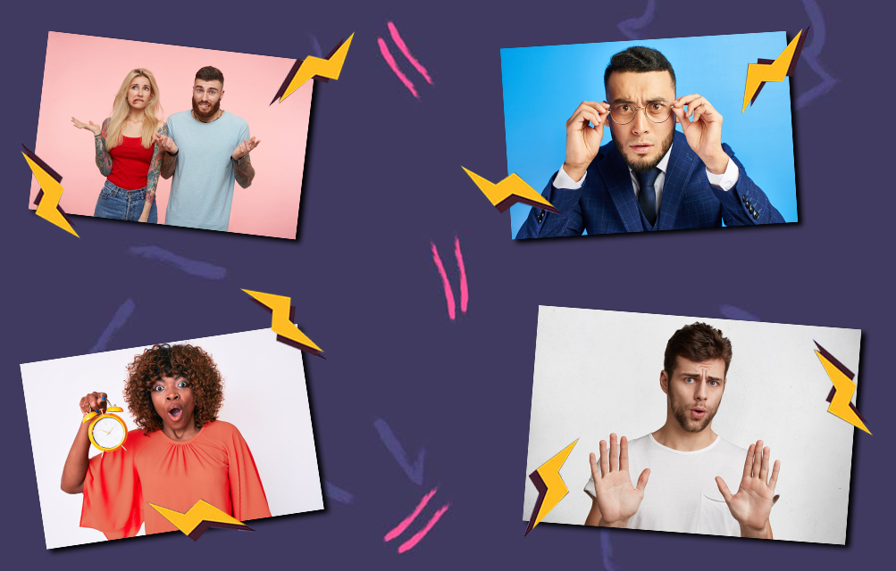 A graphic image of an 80s-style background with four stock photos of people overlaid, in various slightly absurd poses to make them look clueless.
