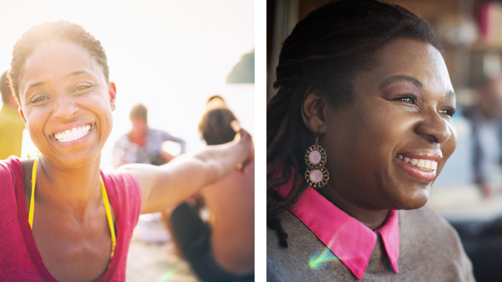 Two separate photos of women. One is on a beach in sunny weather, smiling at the camera with arms outstretched. The other woman is sitting in an office and wearing a pink shirt and grey jumper.