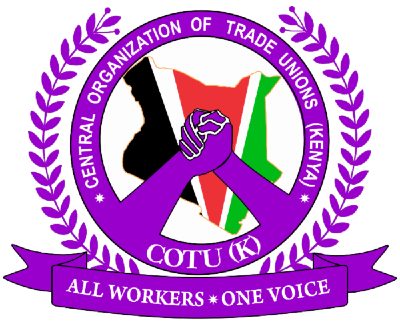 COTU's logo is the Kenyan flag surrounded by a purple circle and two hands holding in the middle. The words around the edge of the circle read Central Organization of Trade Unions (Kenya), COTU (K) and reads all workers one voice, below.