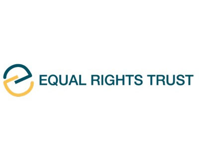 Logo of the letter e, half in blue and half in yellow followed by the words Equal Rights Trust
