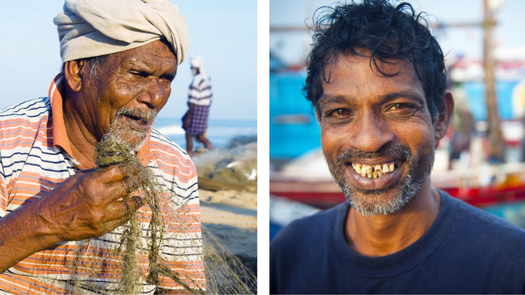 Separate images of two men. One is an older man wearing a turban holding a fishing net and the second man is middle-aged and smiling at the camera. There is a fishing boat behind him.