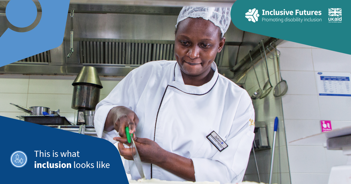 A female chef with a hearing impairment working in a kitchen. The text overlaid on her image says: "This is what inclusion looks like."