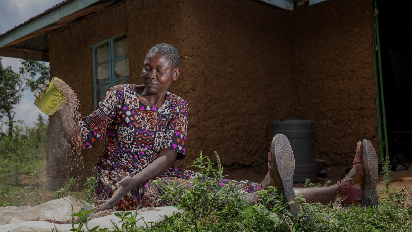 Jane is sitting outside of her home and sorting seeds from a pot.