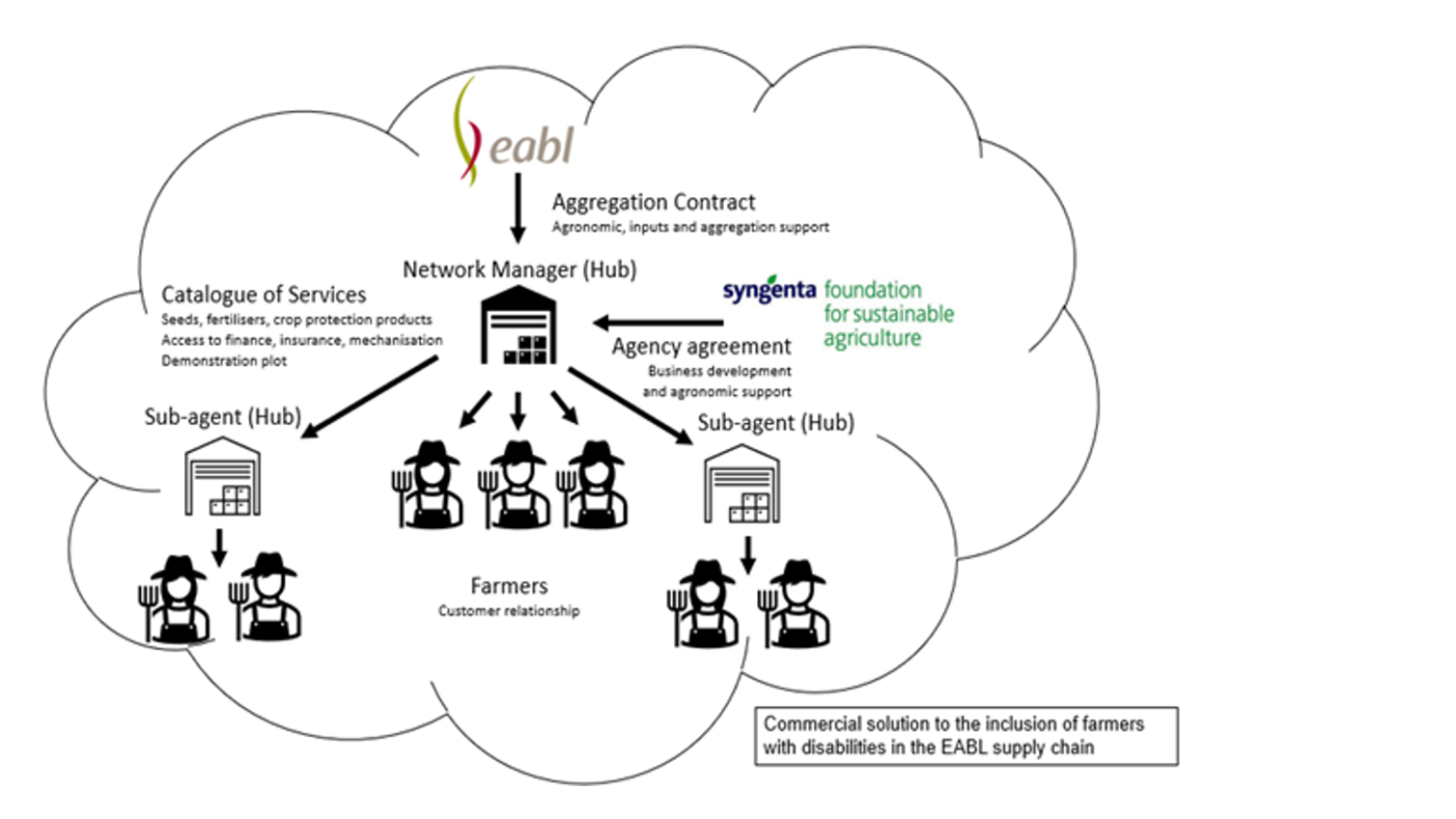 A diagram showing how the farmers' hub model connects different actors to the services described in the article. In the bottom right-hand corner the text reads: 