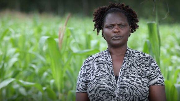 Joan stands in front of a field of sorghum crops.