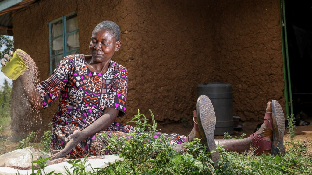 Jane sits on the ground outside her home, sorting seeds from a pot.